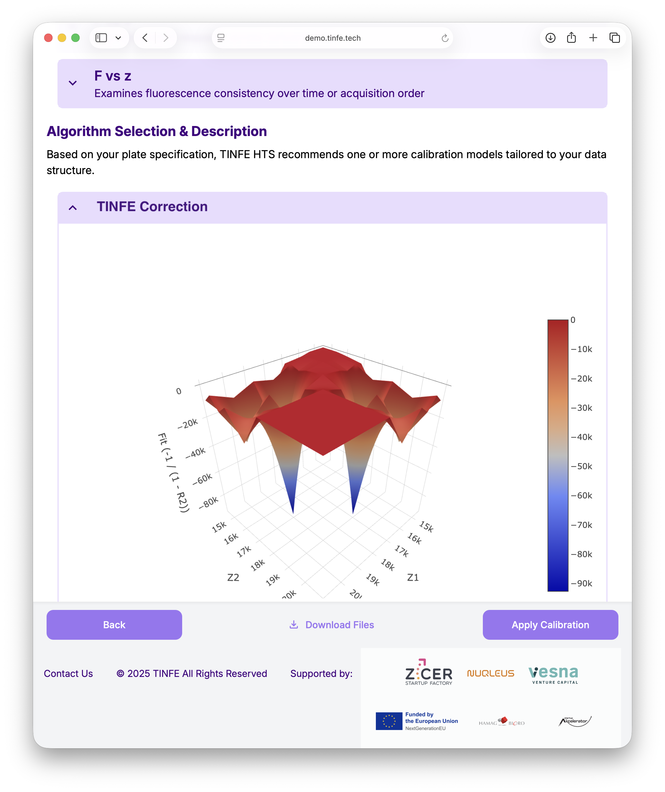 TINFE calibration and correction screen with model selection and error surface